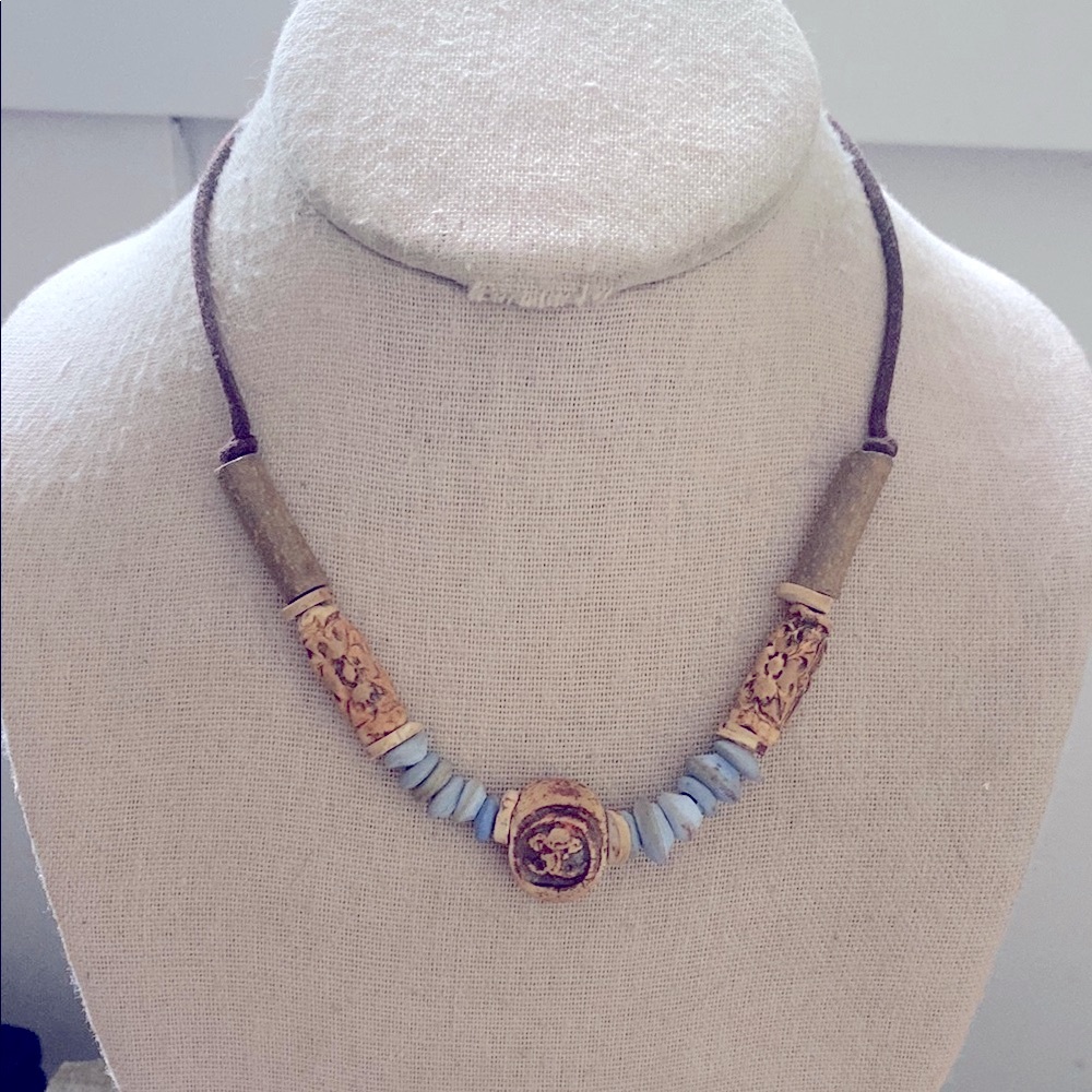 Handcrafted unique, clay, Beaded Necklace with Blue and Brown Accents